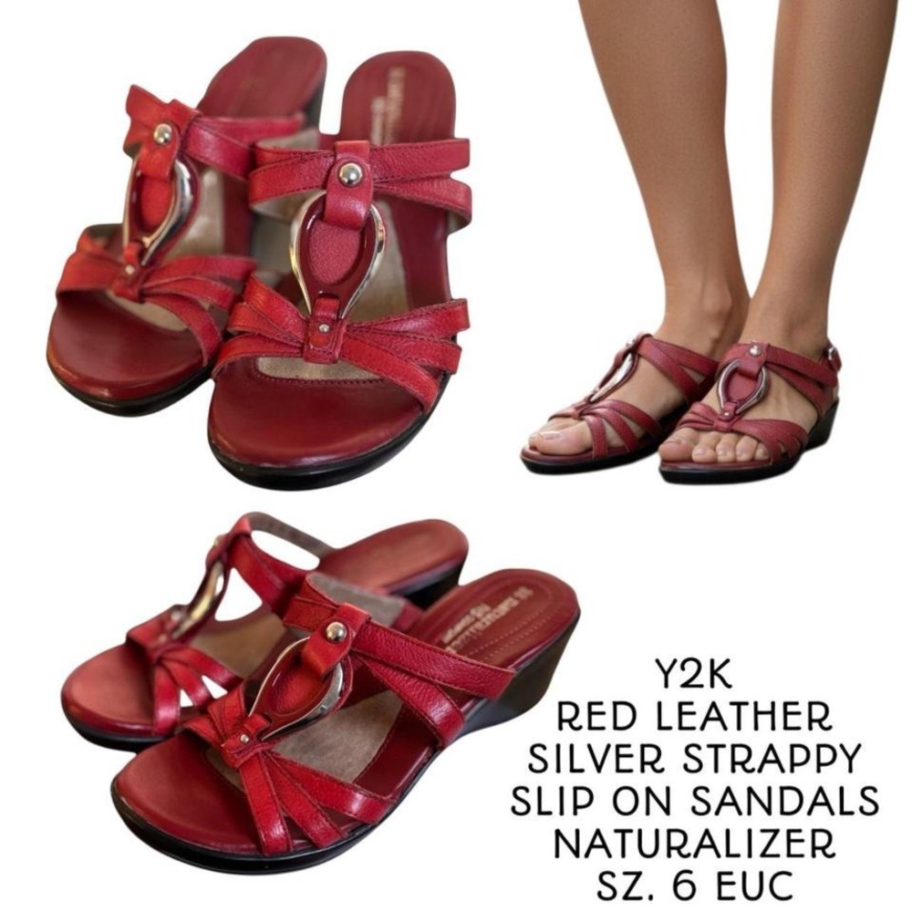 Y2K VTG. RED LEATHER SILVER EMBELLISHED NATURALIZER SLIDES SANDALS SIZE 6.